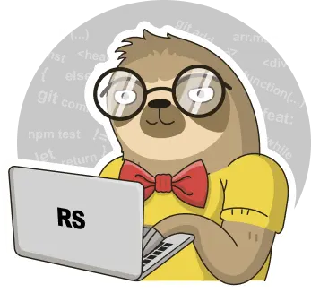 Sloth - mascot in glasses and works at a laptop