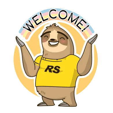 A sloth mascot with arms raised under a welcome sign